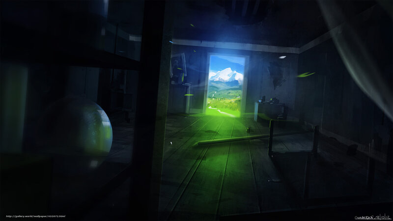 Dark room with mountain view