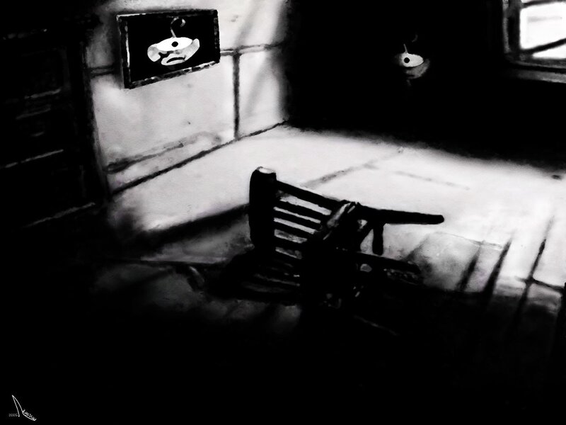 Dark room with overturned chair