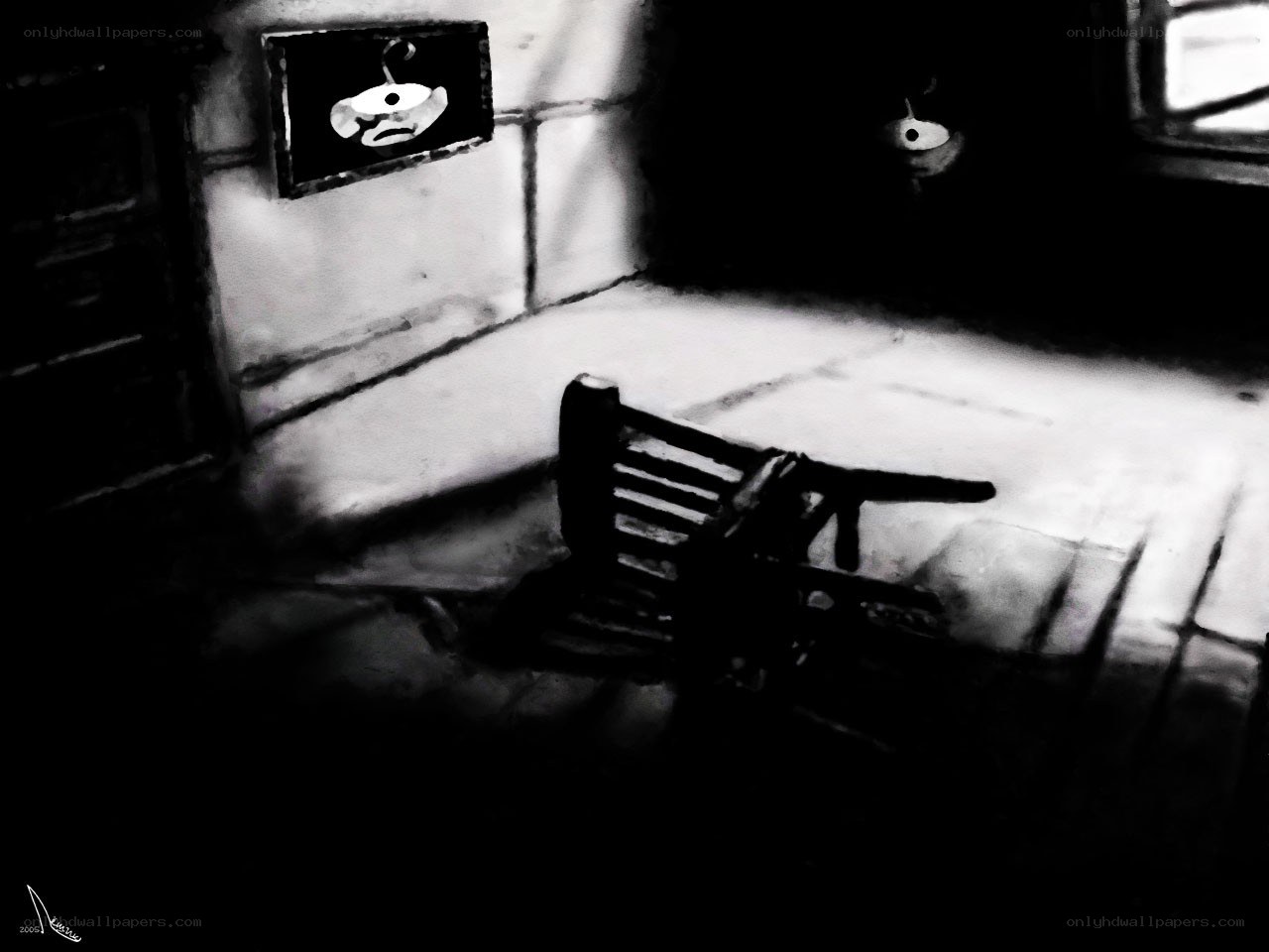 Dark room with overturned chair