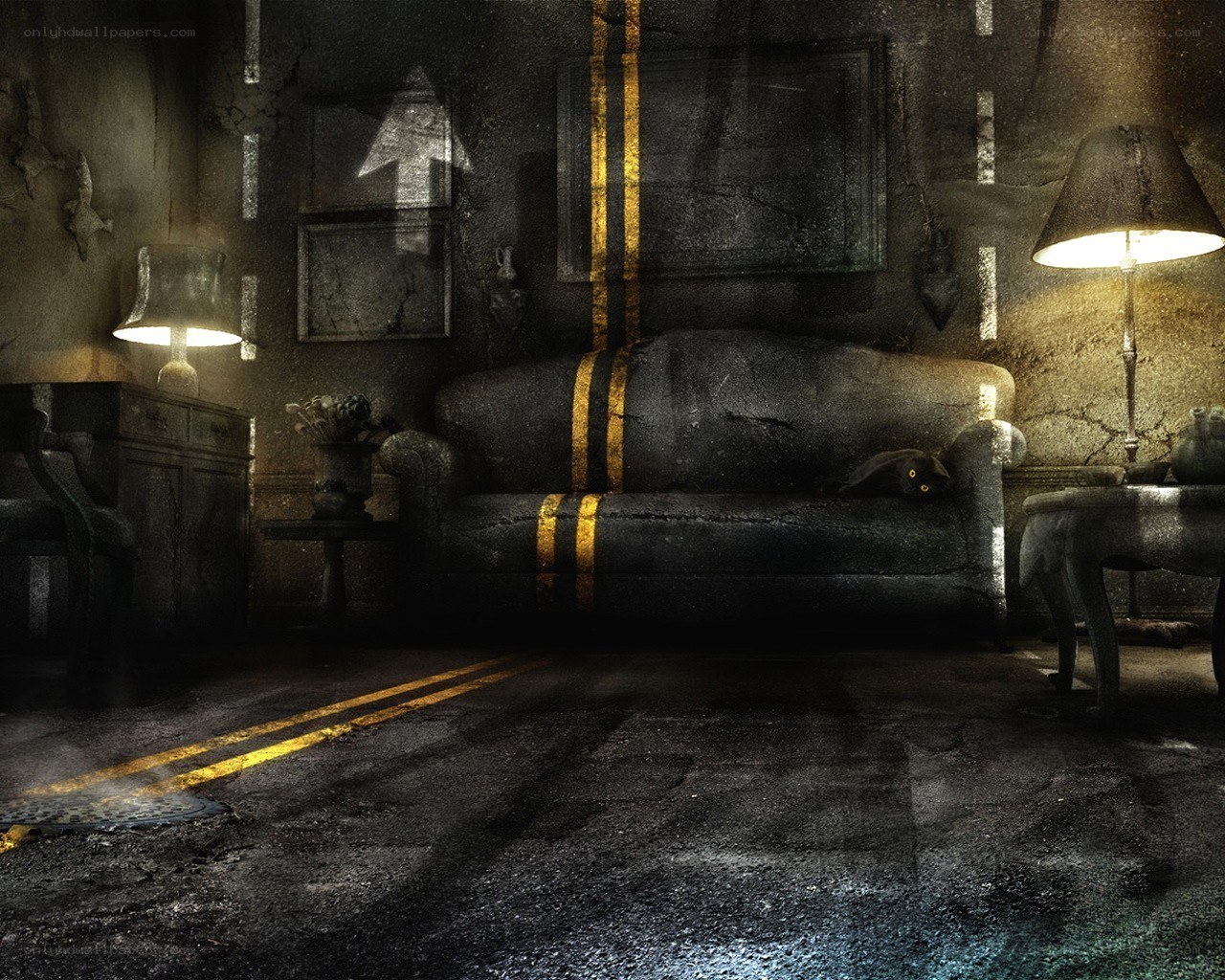 dark room with road markings