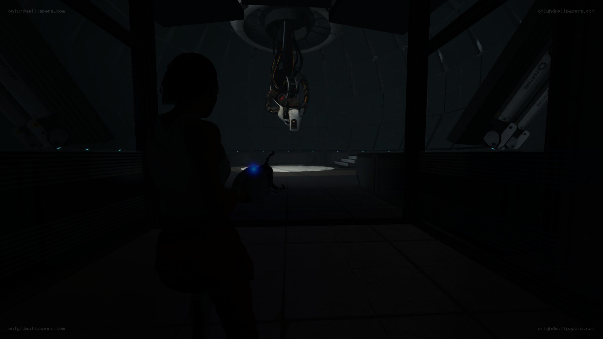 dark room with robotic arm