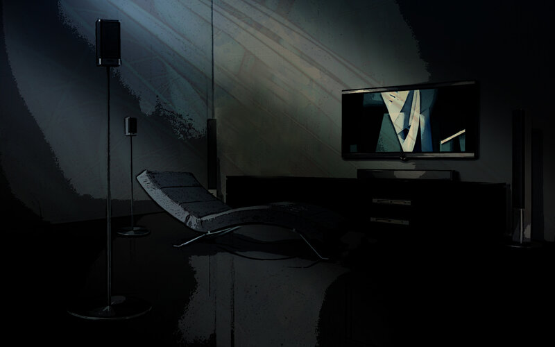 dark room with TV and chair