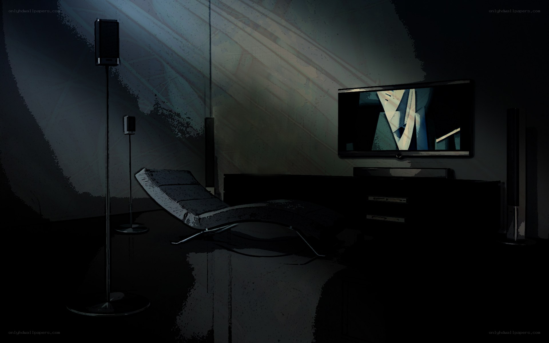 dark room with TV and chair