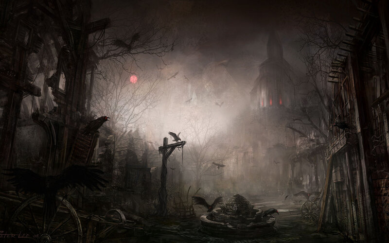 Dark ruined village at night