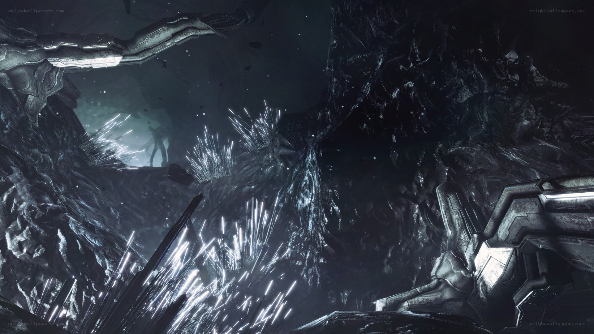 dark sci-fi cavern scene