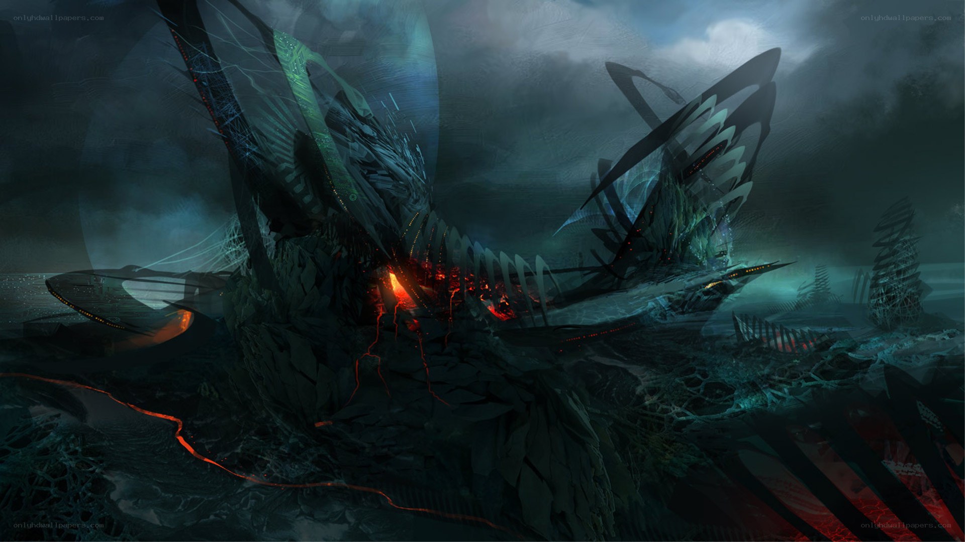 Dark sci-fi wreckage scene