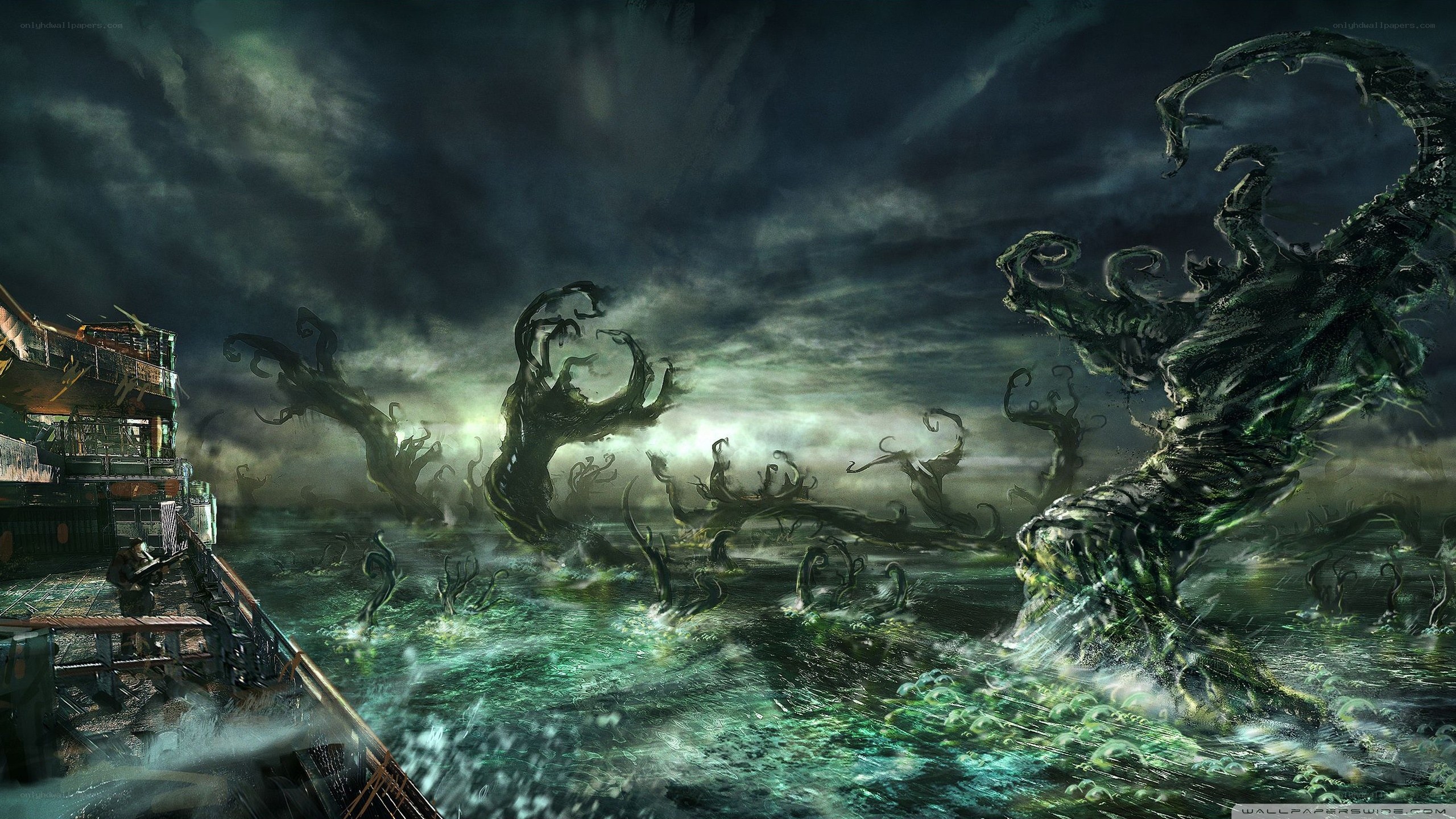 Dark sea with monstrous trees