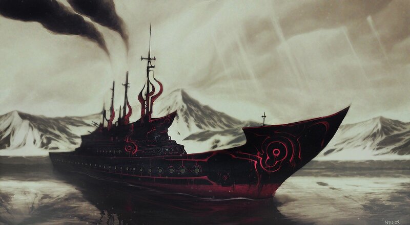 Dark ship in stormy sea