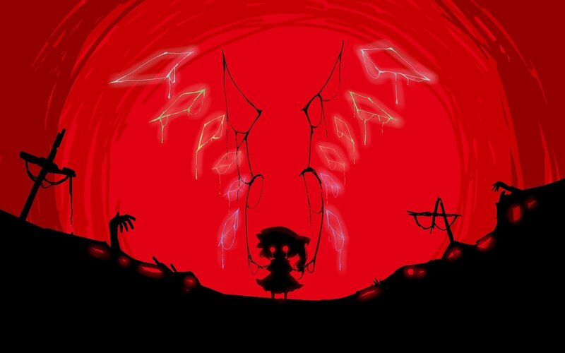 dark silhouette with glowing kites