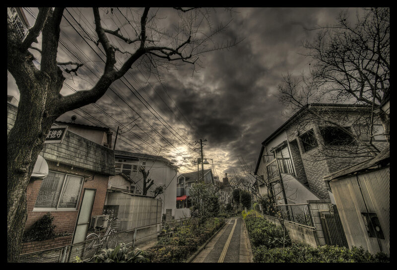 Dark sky over a quiet alley