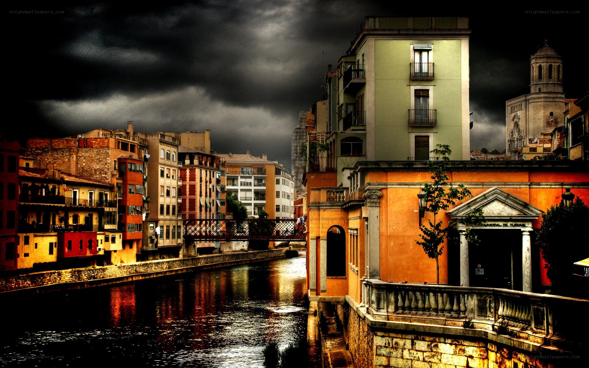 Dark sky over canal city
