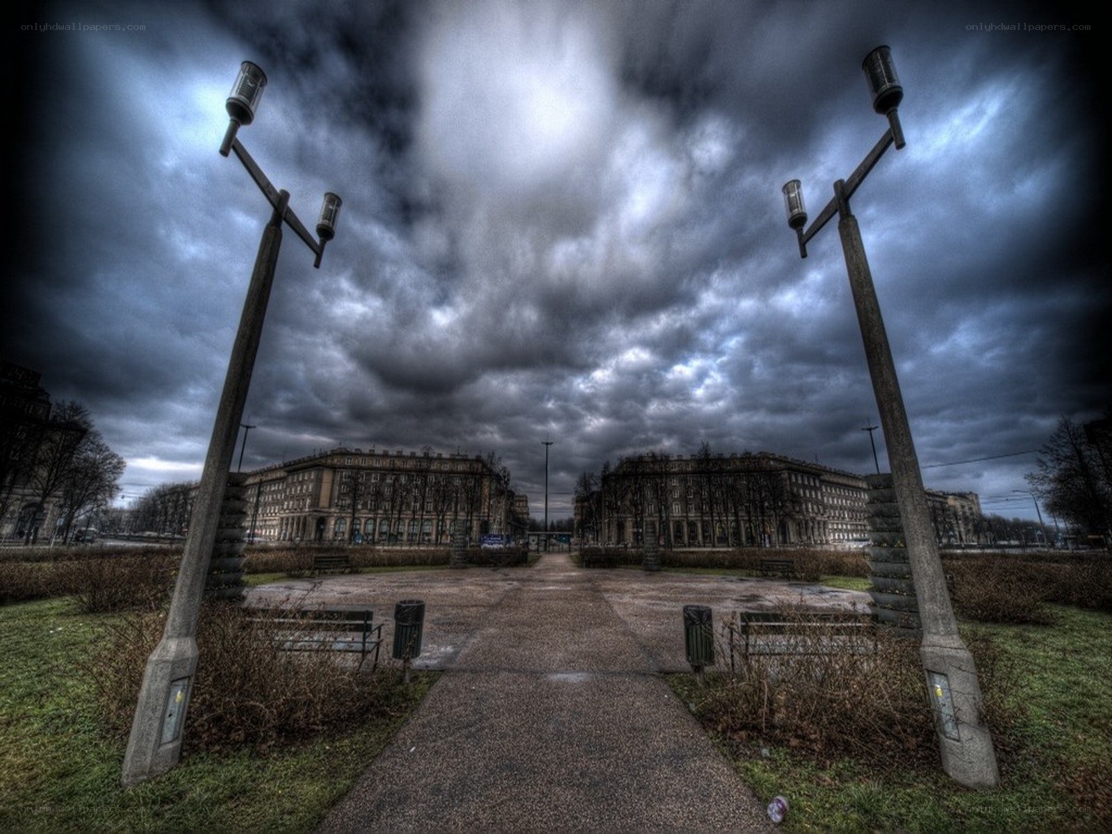 Dark sky over city park