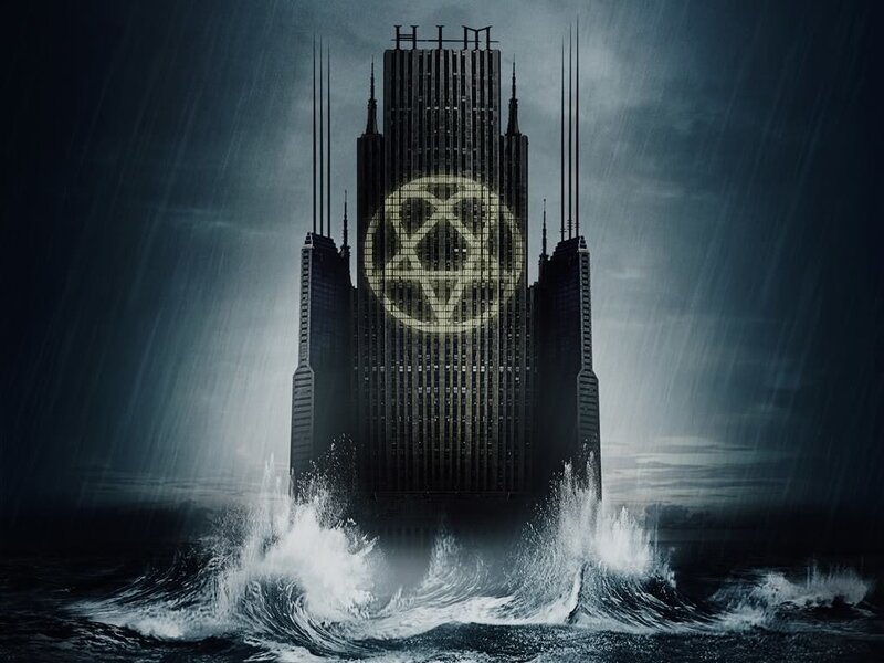 Dark skyscraper in stormy sea