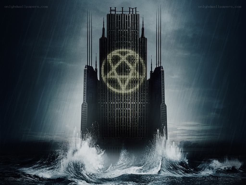 Dark skyscraper in stormy sea