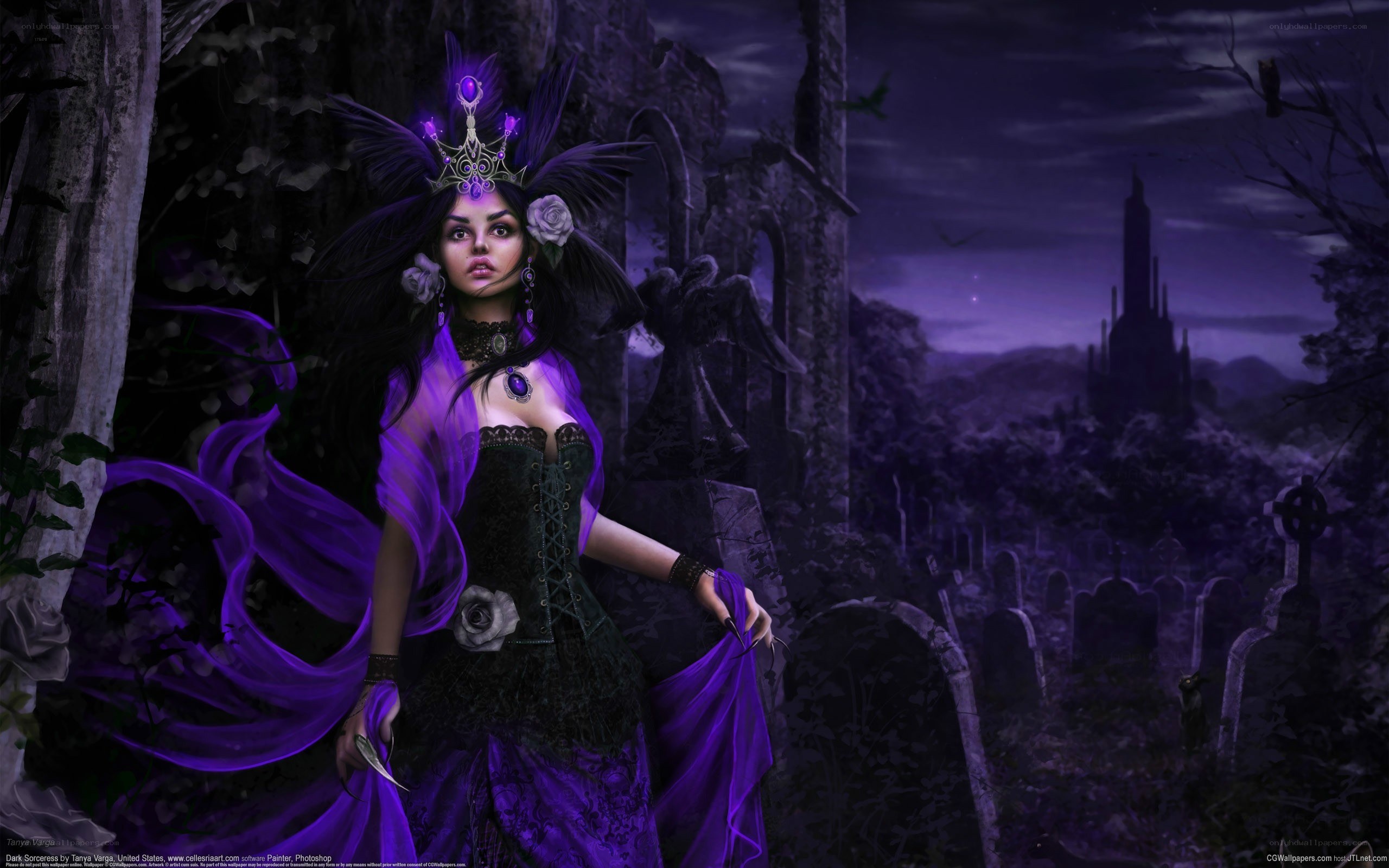 Dark sorceress in a graveyard