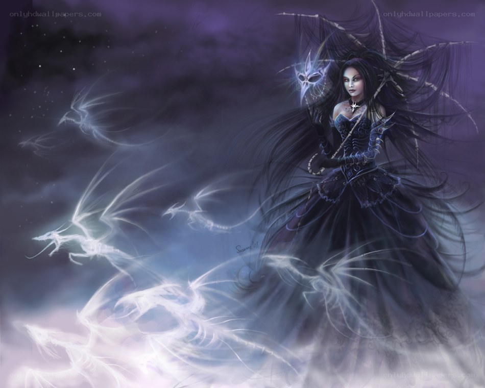 Dark sorceress with spectral dragons