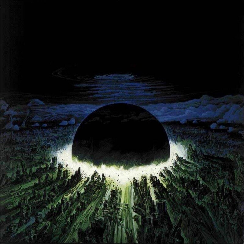 Dark sphere over city