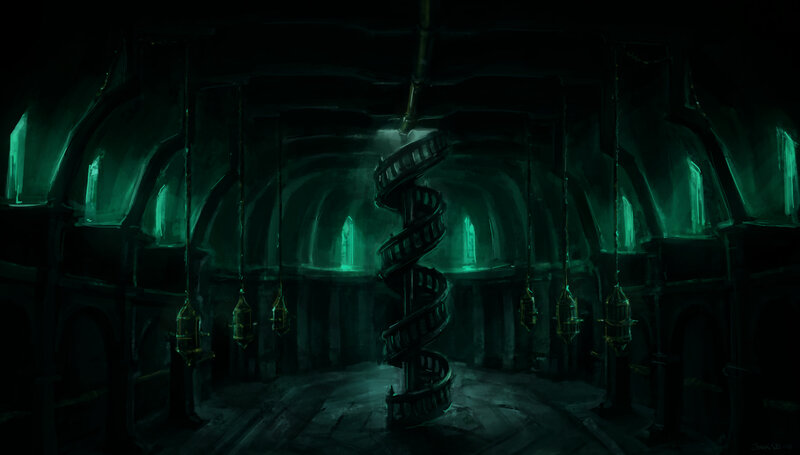 dark spiral staircase chamber