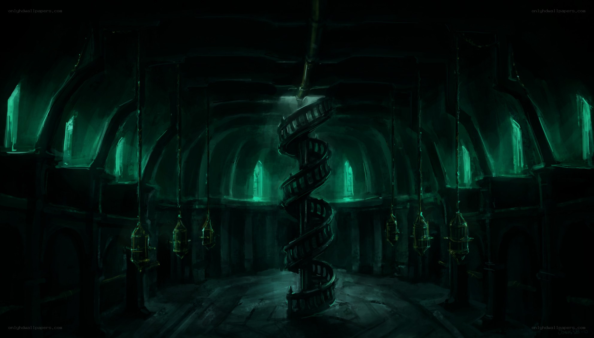 dark spiral staircase chamber