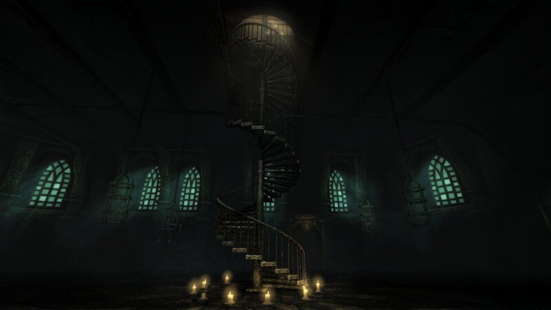 dark spiral staircase room