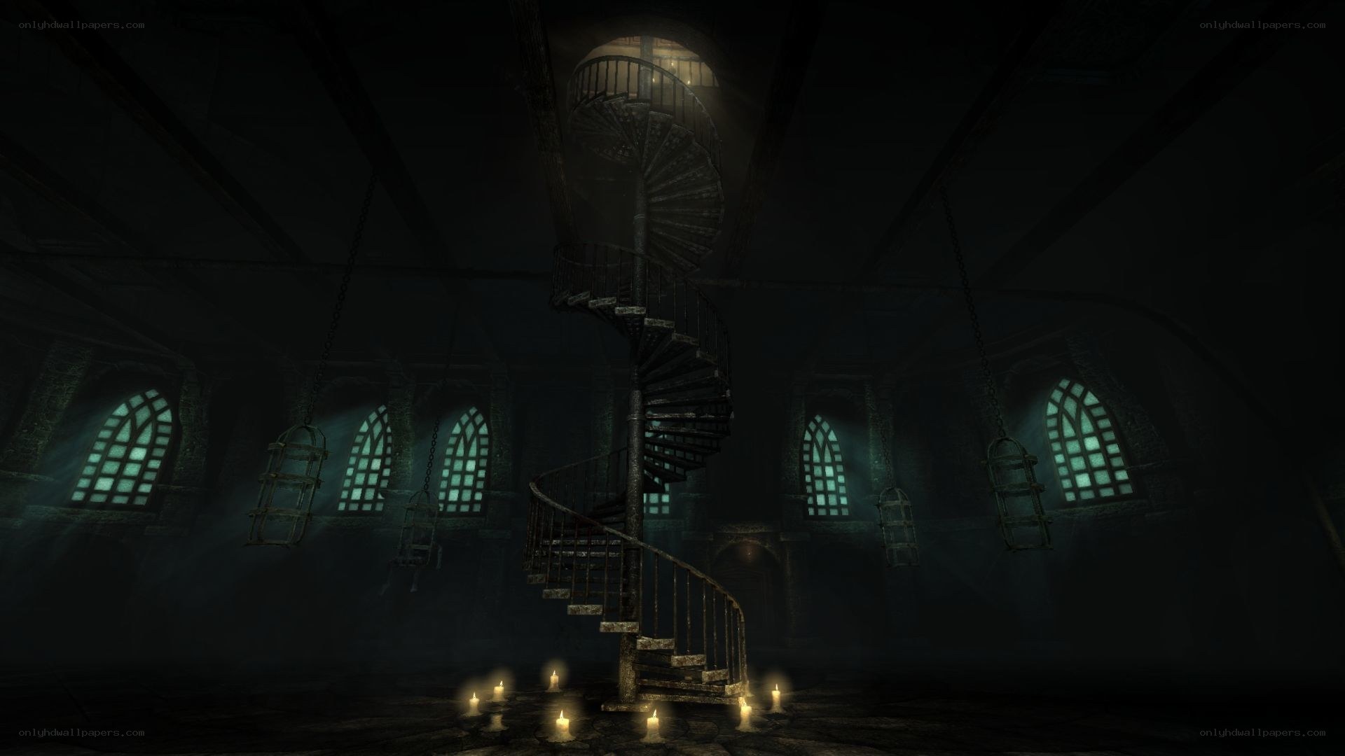 dark spiral staircase room