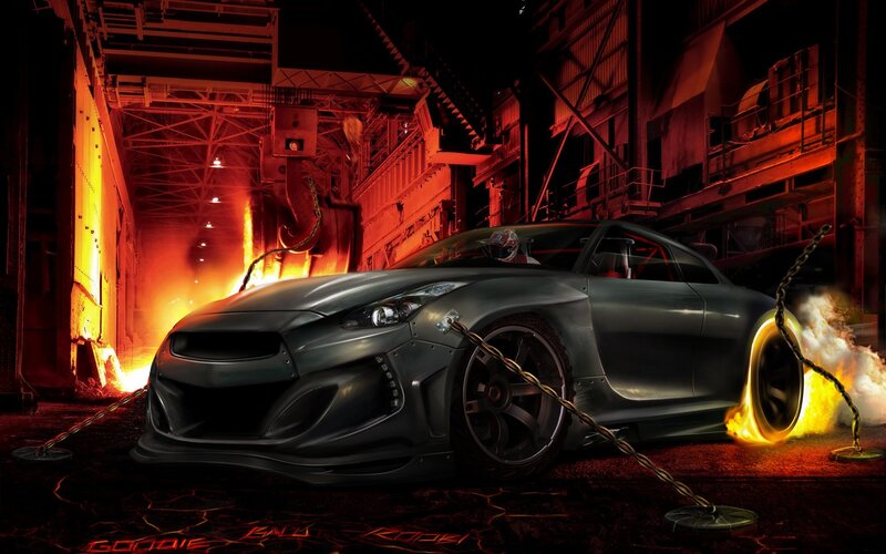 Dark sports car in industrial setting