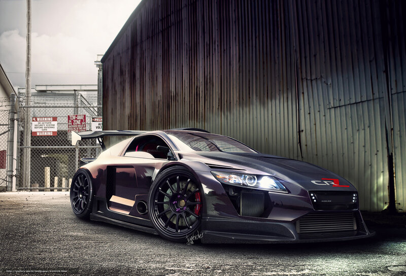 dark sports car in industrial setting
