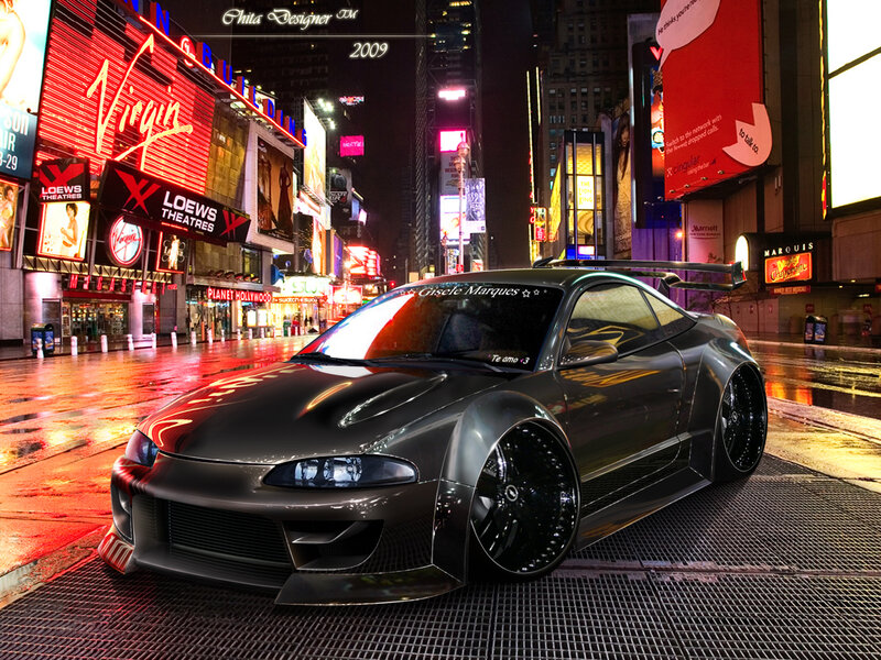 Dark sports car in Times Square