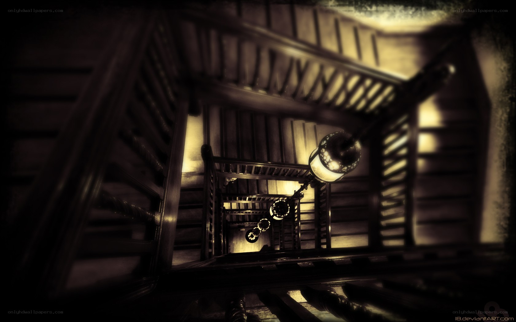 dark staircase with hanging lamp