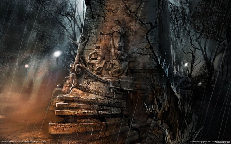Dark statue in rainy forest