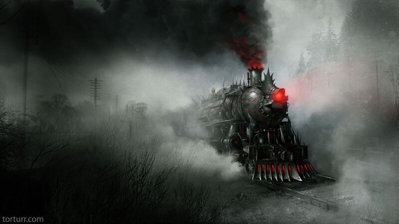 dark steam train in fog