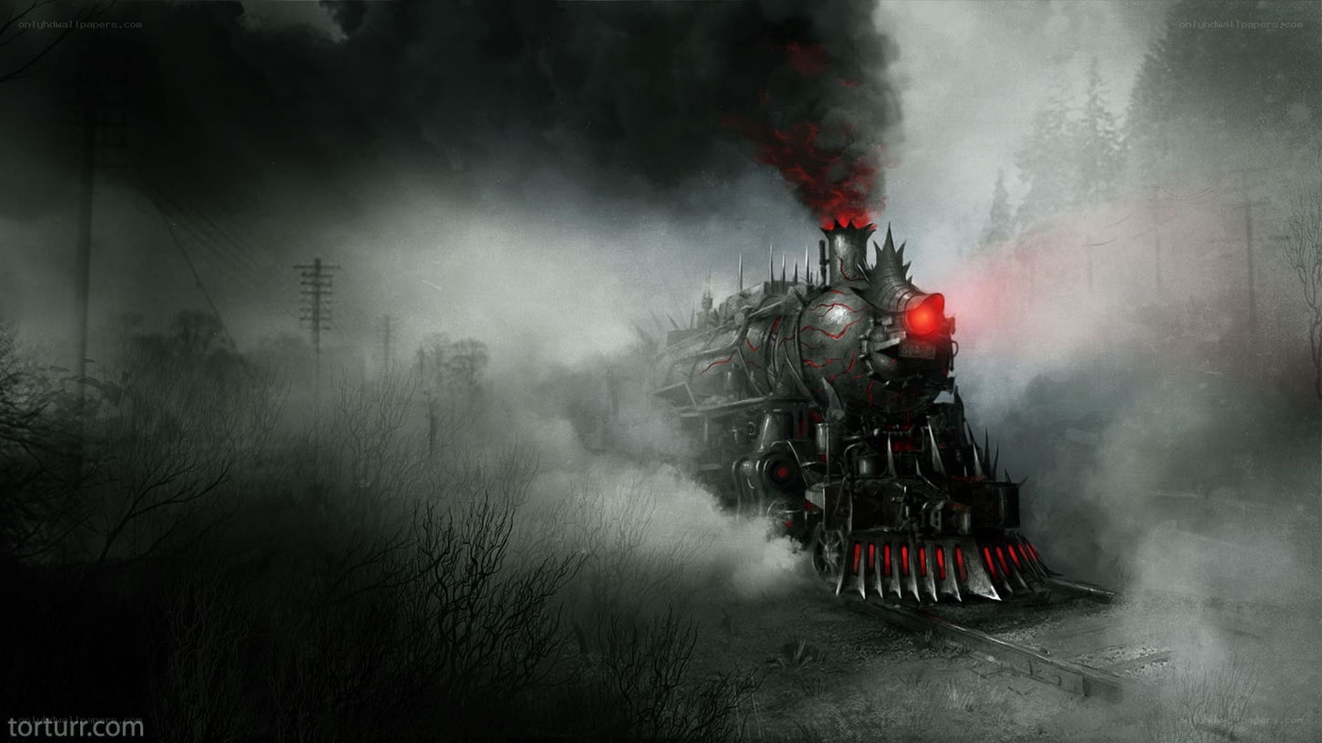 dark steam train in fog