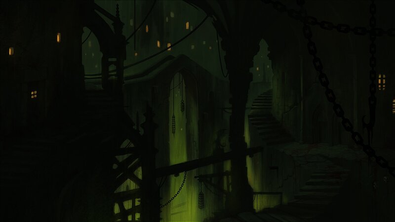 Dark Stone Corridor — Green, Dramatic
