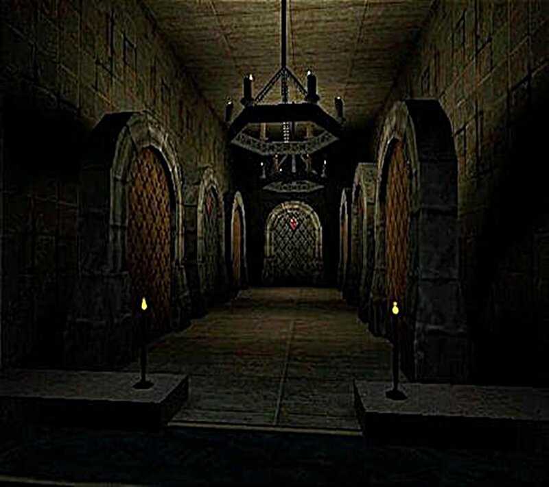 dark stone corridor with chandelier