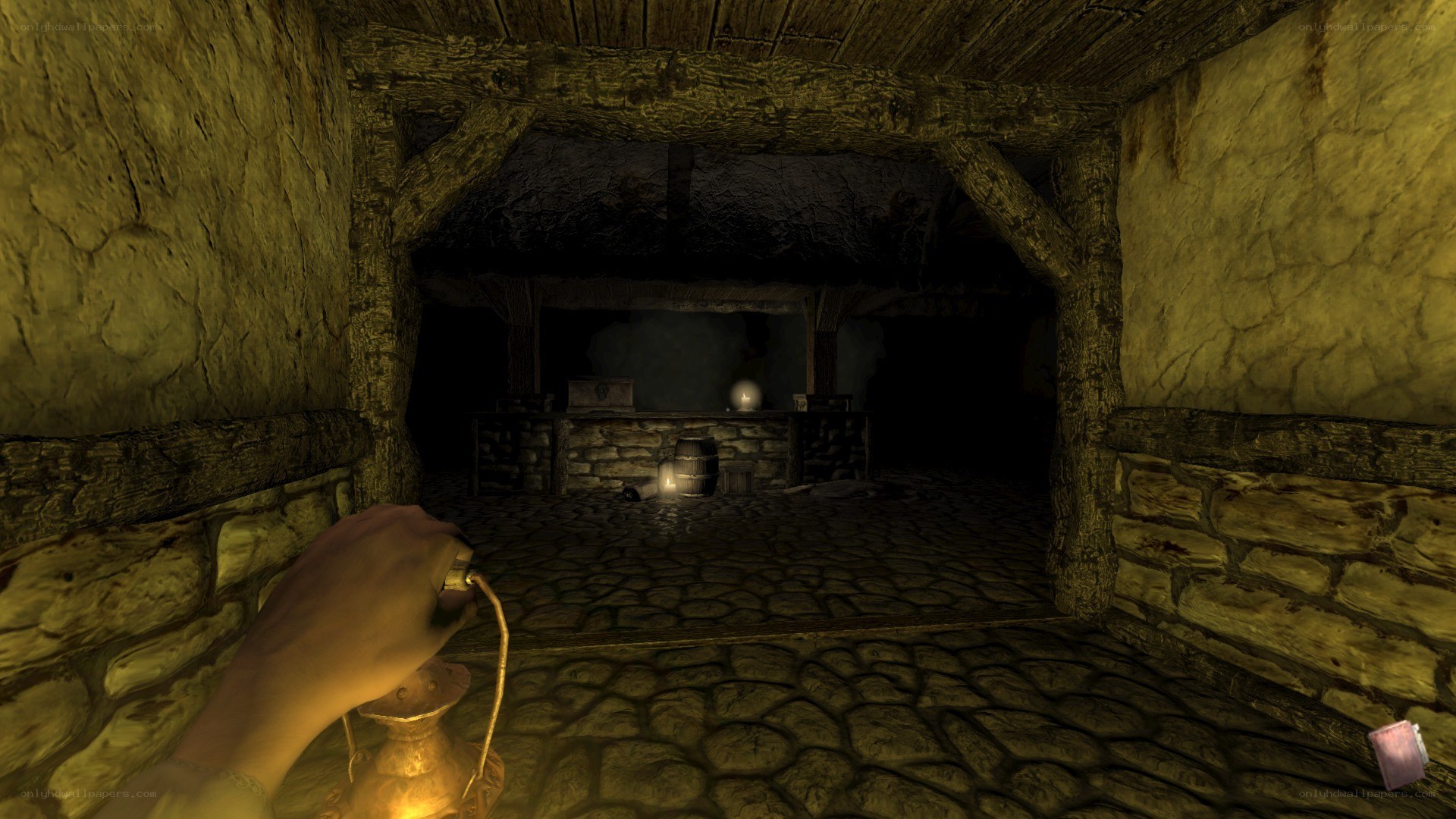dark stone corridor with lantern