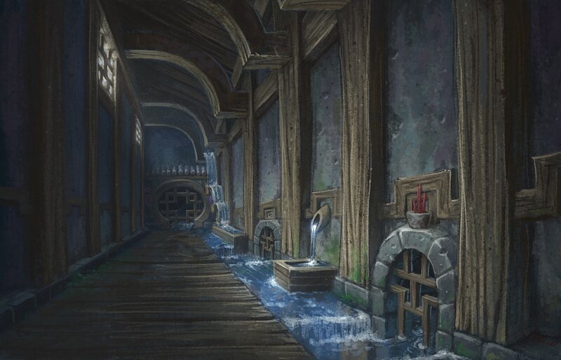 dark stone corridor with water