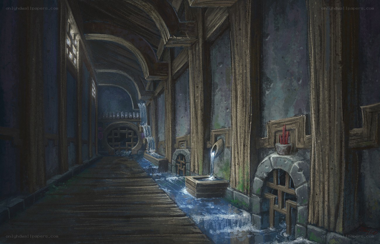 dark stone corridor with water