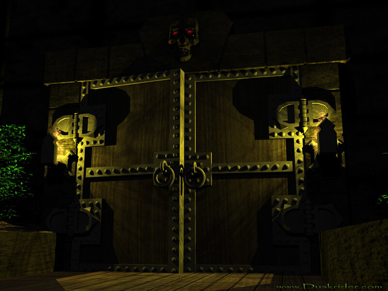 dark stone door with skull