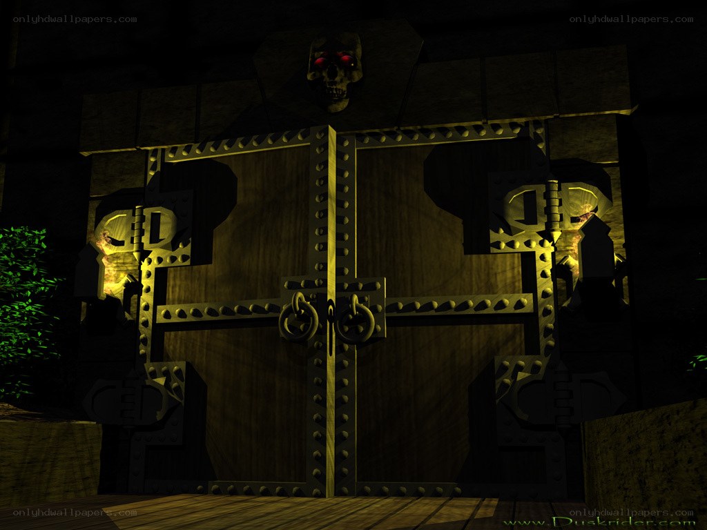 dark stone door with skull