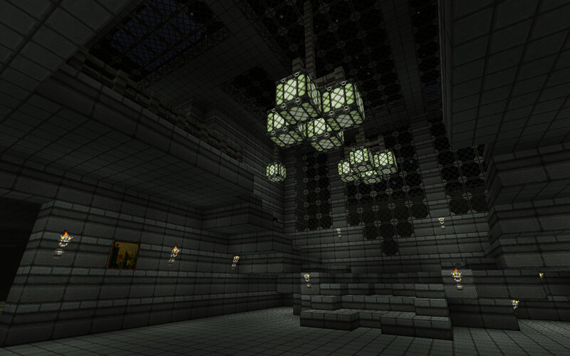 dark stone hall with glowing lanterns