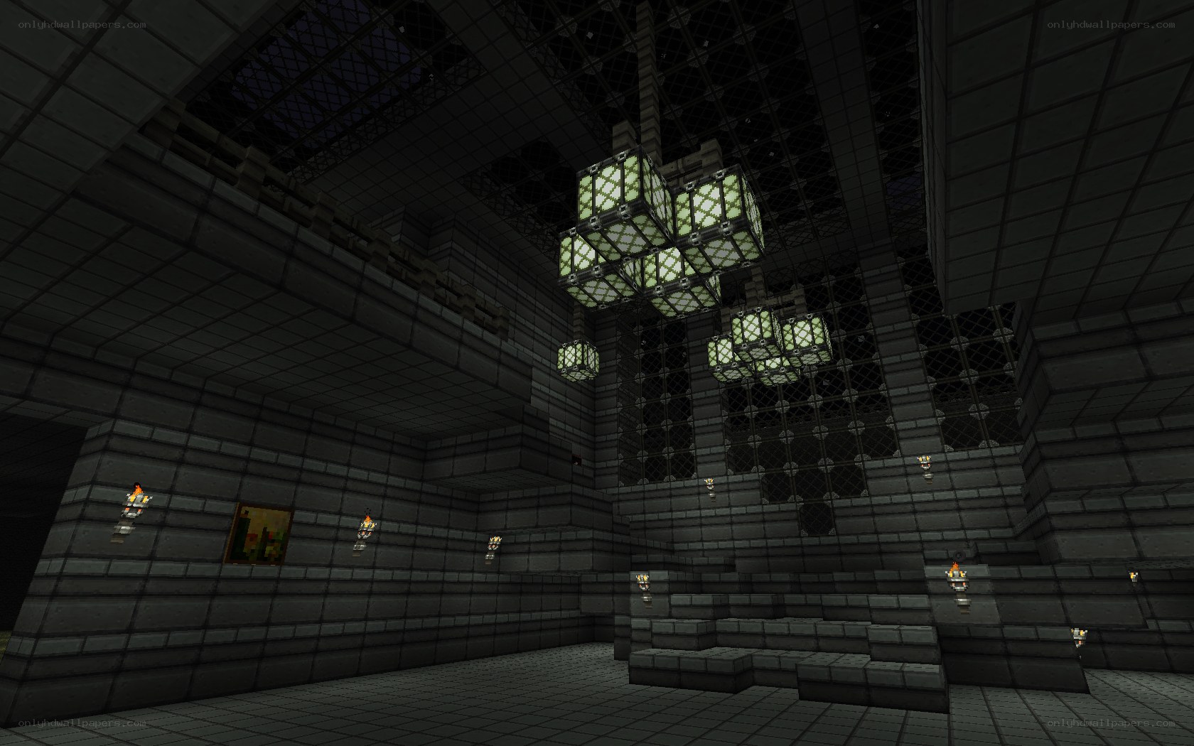 dark stone hall with glowing lanterns