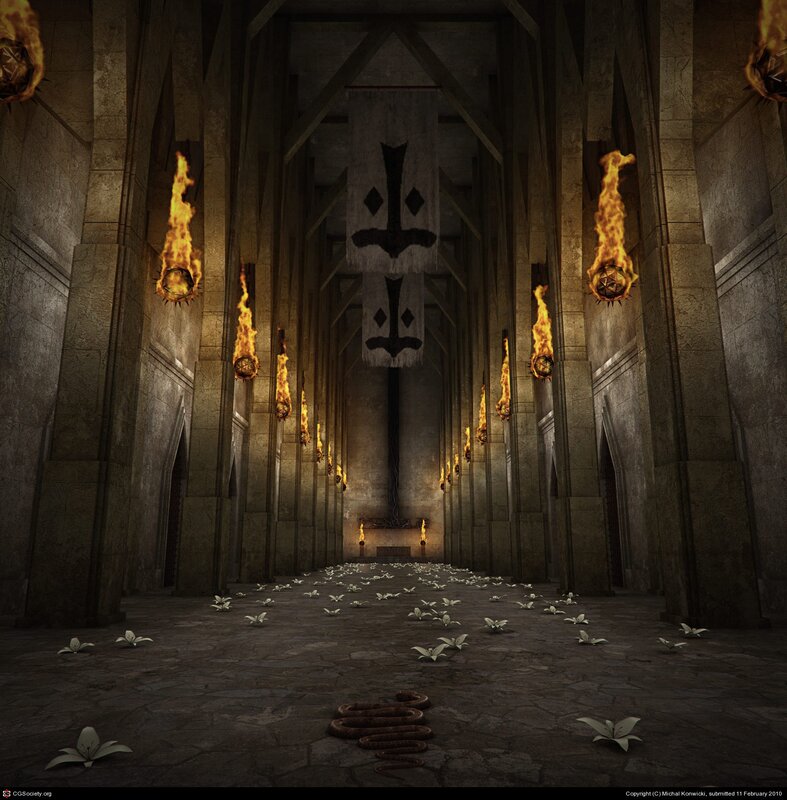 dark stone hall with torches