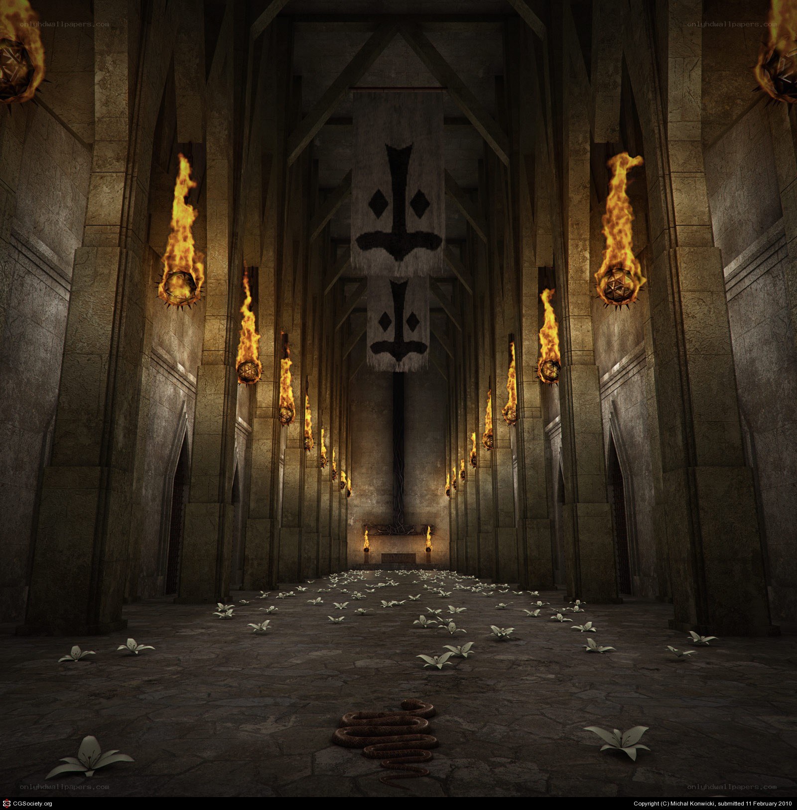 dark stone hall with torches