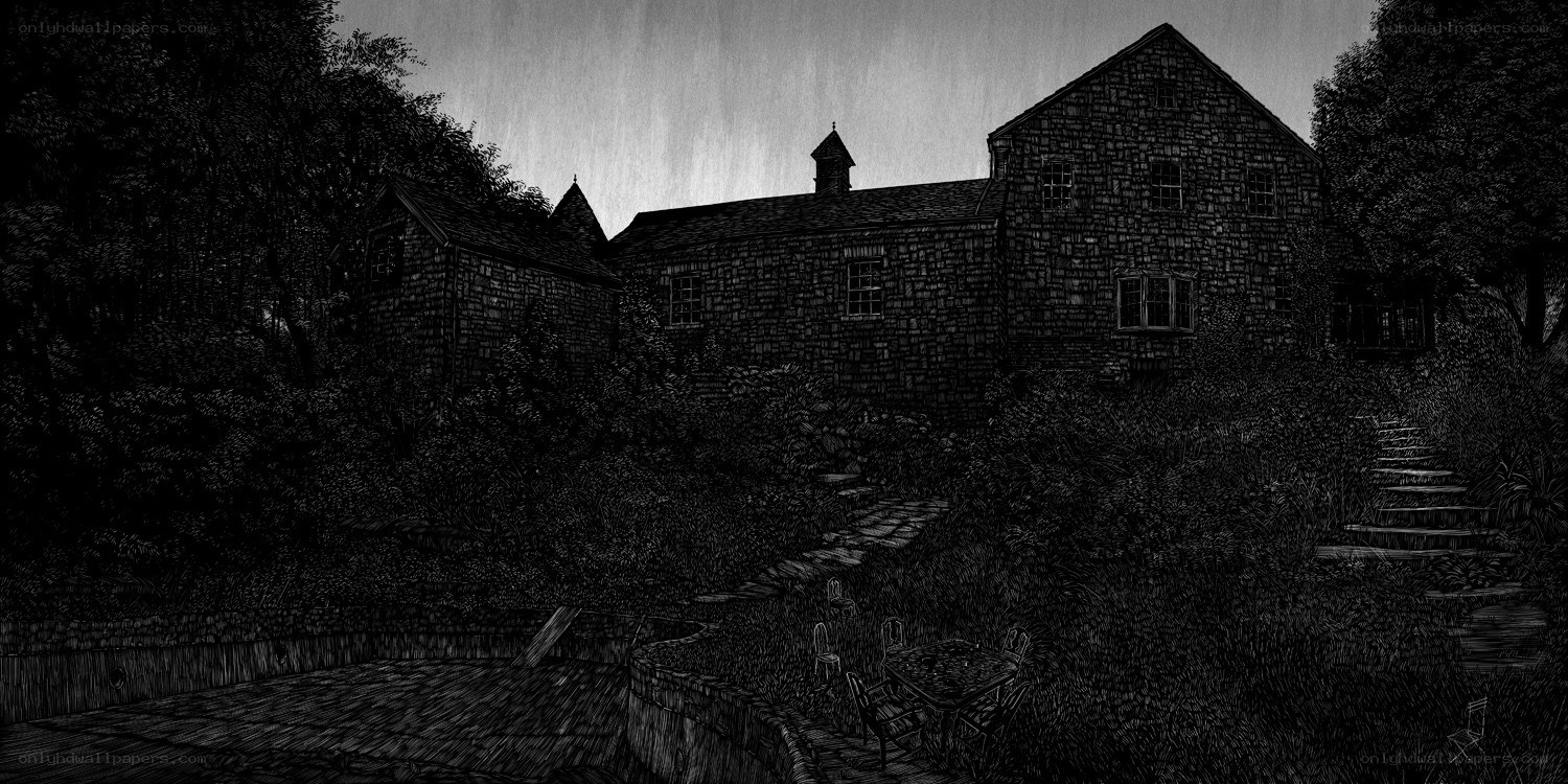 Dark stone house in overgrown garden