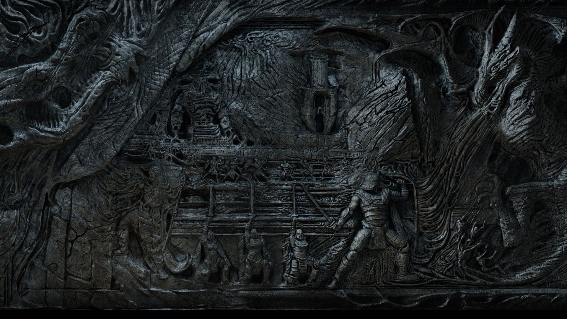 dark stone relief carving