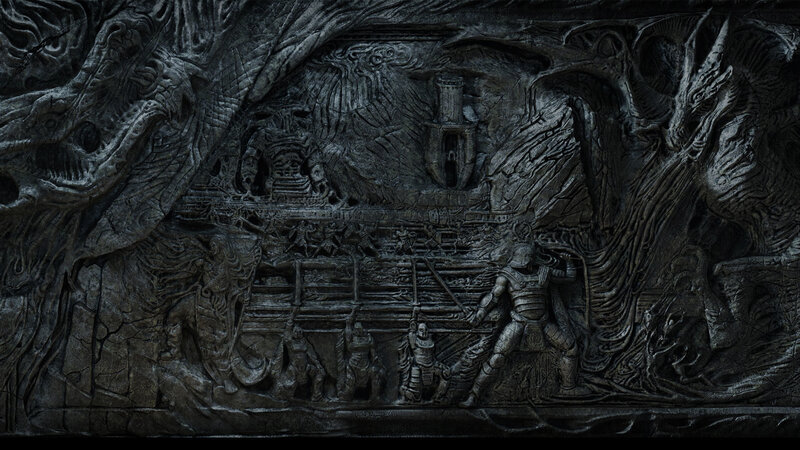 dark stone relief carving