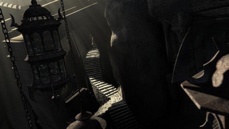 dark stone staircase with lantern