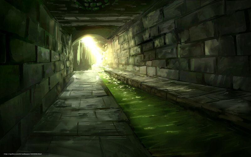 dark stone tunnel with green water