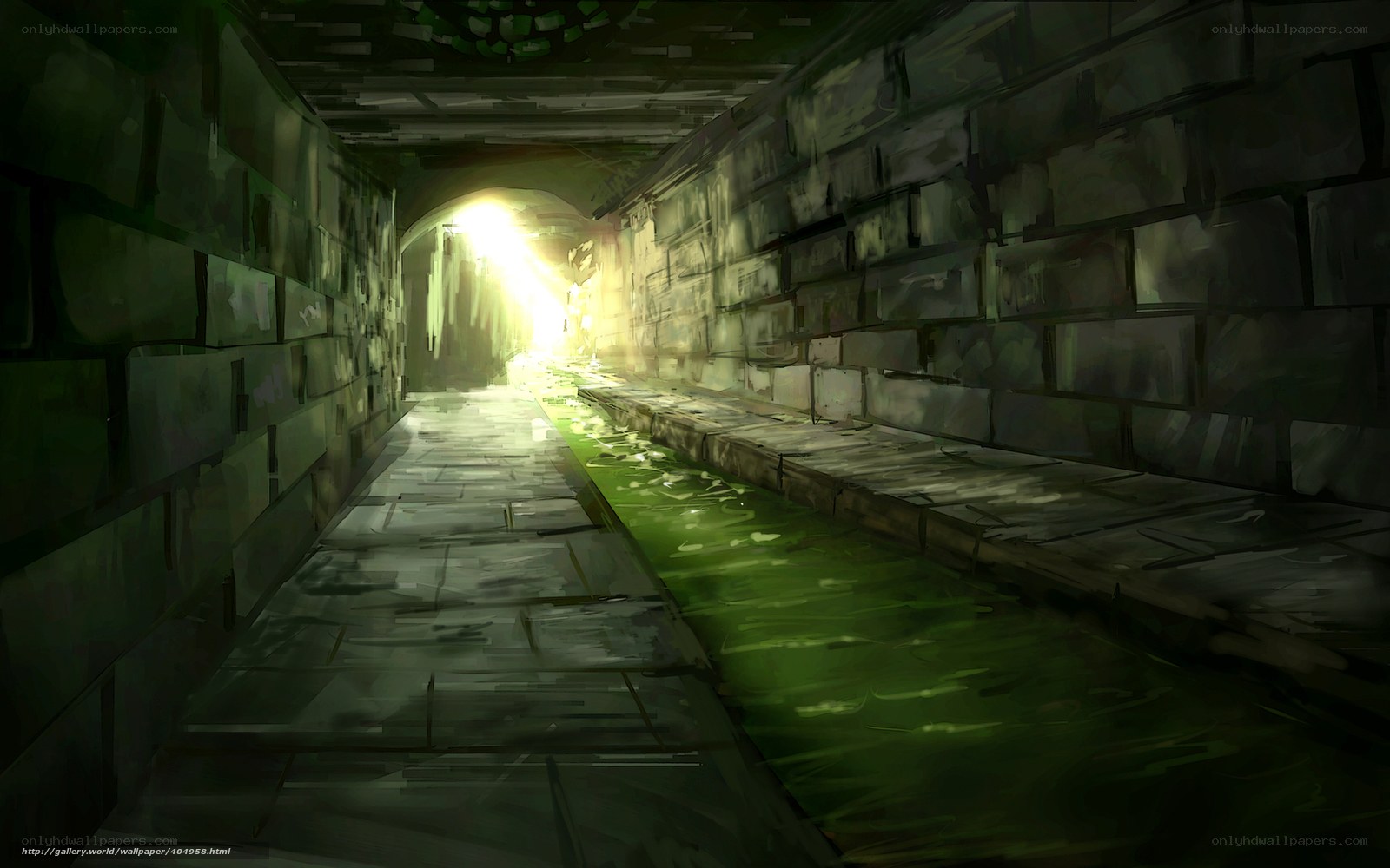 dark stone tunnel with green water