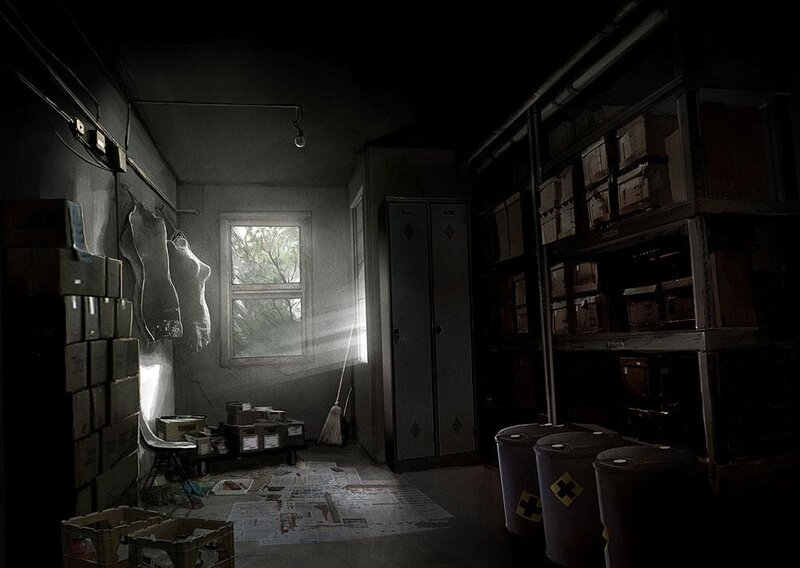 dark storage room with mannequins